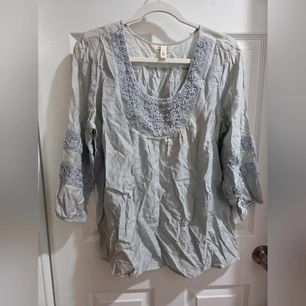 Krazy Kat Light Sage Embroidered Top With Pearl-like Beads